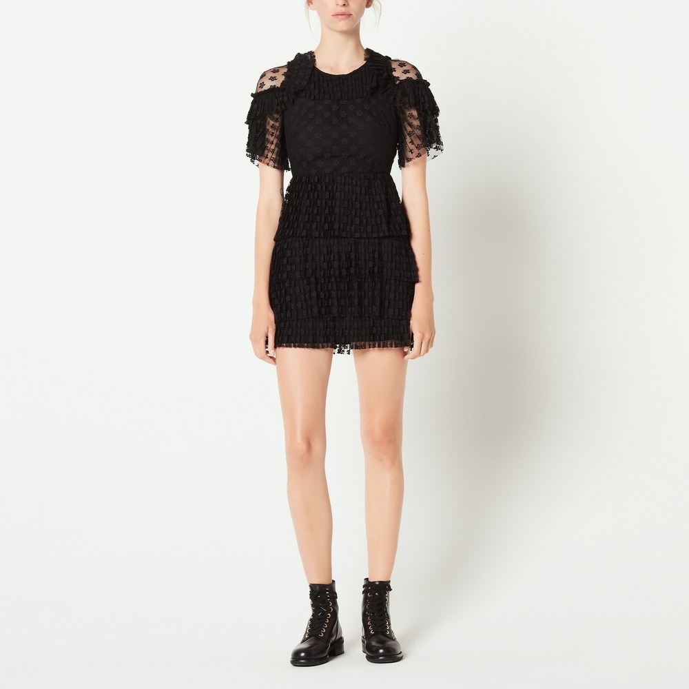 Sandro Pleated Lace Frill Dress Black Ruffle Mini Wedding Guest Goth Sz 36/US 4